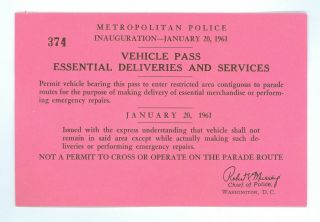 1961 Vintage President John Kennedy Inauguration 20 January Vehicle Pass No.  374