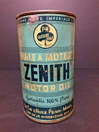 Rare Zenith Penn - Mass Imperial Quart Oil Tin Can Sign Canada Advertising
