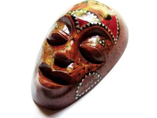 Mask Aboriginal African Tribal Hand Carved Painted Wood Abalone Inlay Wall Decor