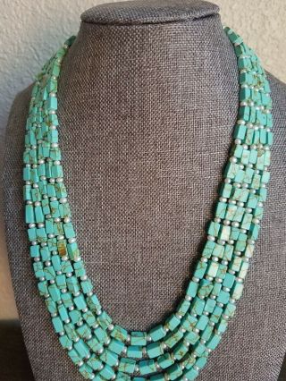 Vintage Turquoise Graduated 5 Strand Necklace Sterling Clasp 18 "