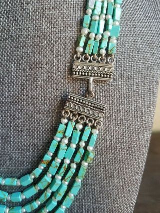 Vintage turquoise graduated 5 strand necklace sterling clasp 18 