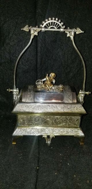 Antique Victorian Meriden Silverplate Silver Plate Cherub Jewelry Box Casket