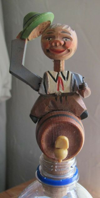 Vintage Hand Carved Wooden Bottle Stopper,  Man On Keg - - Tips Hat - Bows Head