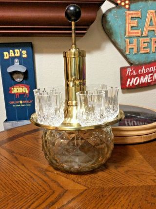 Vintage Park Industries Glass Liquor Pump Decanter,  Brass Spinning Tray