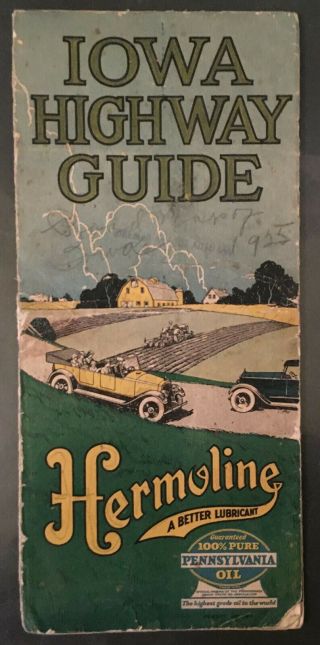 1925 Iowa Highway Guide Map W/ Hermoline Oil 