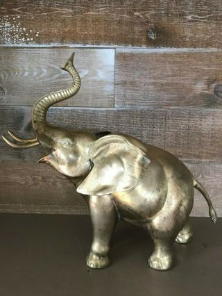 Vintage Large Brass Elephant Statue Figurine With Trunk Up