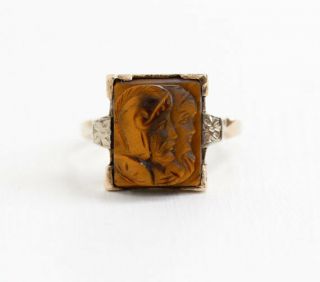 Vintage 10k Yellow Gold Double Cameo Warrior Ring - Art Deco Size 5 1/2 Tigereye