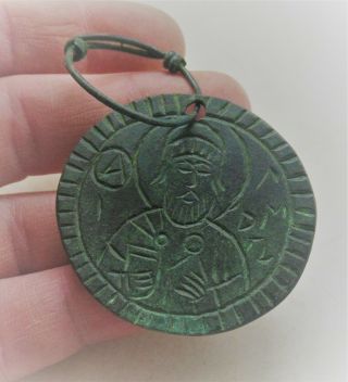 Ancient Byzantine Bronze Religious Pendant With Depiction Of Saint And Loop