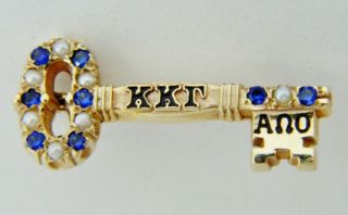 Kappa Kappa Gamma Solid Gold Sorority Fraternal Pin Blue Enamel Sapphires Pearls