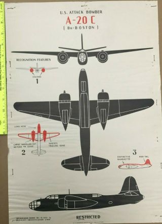 Rare 1942 Ww2 U.  S.  A.  A.  F A - 20 C Boston Recognition Identification Poster 20x14