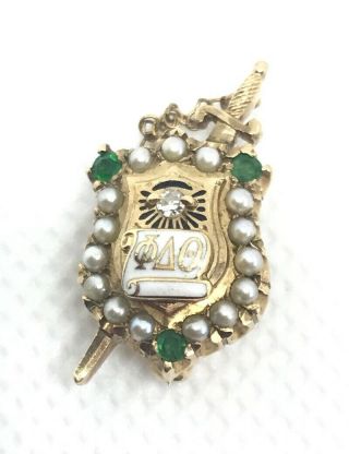 10k Yellow Gold Phi Delta Theta Fraternity Pin Emerald & Seed Pearls By E.  H.  Co.