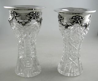 Sterling And Cut Crystal Gorham Vases - Garland Themed Pattern (pair)