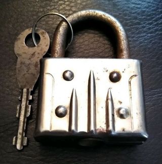Rare Vintage Antique Ornate Padlock Lock Steel With Key Made In Usa No - Name