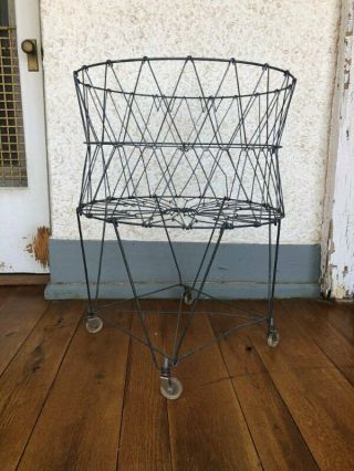 Vtg Collapsible Folding Wire Basket Metal Laundry Cart Allied Product On Casters