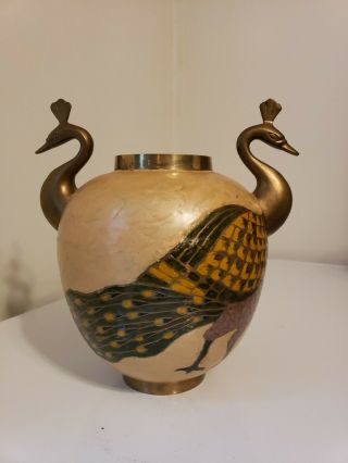Vintage Solid Brass And Enamel Peacock Vase/urn - Made In India