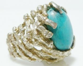 Sterling Silver Turquoise Brutalist Mid Century Modern Womens Thick Ring Band