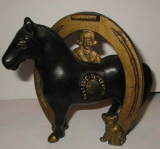 Antique Cast Iron Buster Brown & Tige Good Luck Horseshoe & Horse Coin Bank