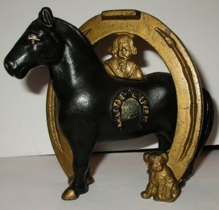Antique Cast Iron Buster Brown & Tige Good Luck Horseshoe & Horse Coin Bank 2