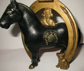 Antique Cast Iron Buster Brown & Tige Good Luck Horseshoe & Horse Coin Bank 3