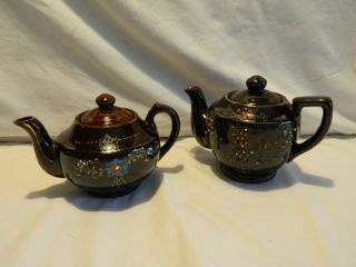 Two Vintage Hand Painted Red Clay Brown Glaze Individual Teapots Japan