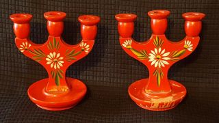 Set Of 2 Vintage Miniature Wooden Candle Holders Christmas Holiday Sweden