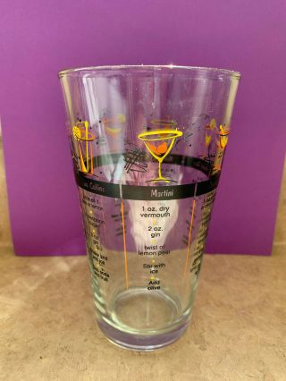 Vintage Cocktail Shaker Pint Glass With Drink Recipes,  Cosmo Manhattan Daiquiri
