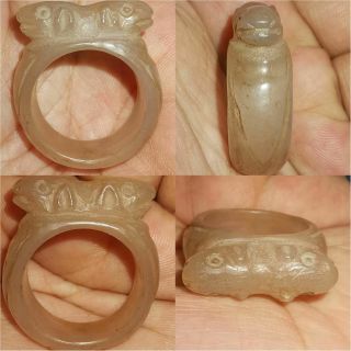 Ancient Rare Roman Rock Crystal Stone Ring With 2 Animal Heads 29