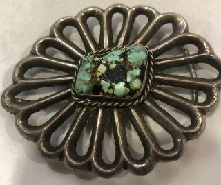 Vintage Sandcast Sterling Silver Turquoise Native American Indian Belt Buckle