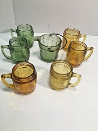 Set Of 6 Vintage Barrel Shot Glasses Green & Brown Bar Glasses & Toothpick Hold