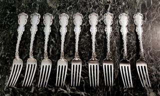 Louis Xv By Whiting Set Of 9 Sterling Silver Forks 6 7/8 " Script Mono.  326 Grams