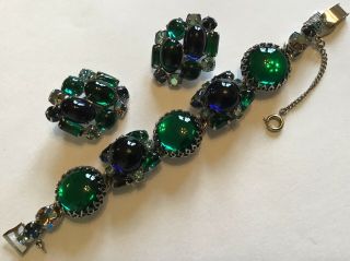 Vintage Weiss Signed Green & Blue Rhinestone Bracelet & Earrings
