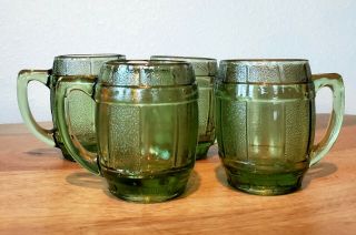 Vintage Set Of 4 Miniature Green Glass Barrel Mug Or Shot Glass With Handle