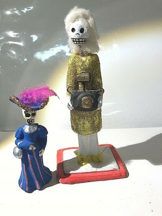 Handmade Day Of The Dead Figurine,  Clay Lady With Camera And Fancy Lady With Hat