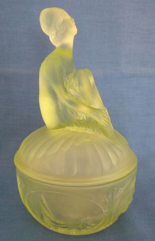 Vintage Sowerby Art Deco Uranium Green Glass Bathing Lady Trinket Pot C1933