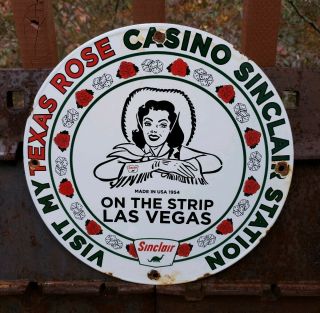 1954 Sinclair Texas Rose Gasoline & Casino Porcelain Enamel Pump Station Sign