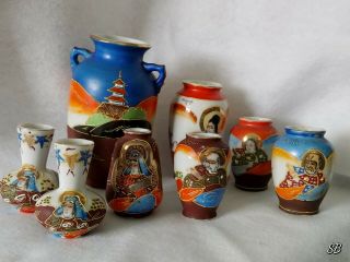 8 Antique Vtg Japanese Satsuma Moriage Vases Hotta Yu Shoten & Co Occupied Japan