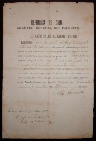 Cuba 1899 - Rare - General Maximo Gomez Handsigned Document - Independence War