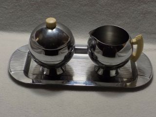 Vintage Chase Art Deco Round Chrome & Bakelite Sugar And Creamer And Tray