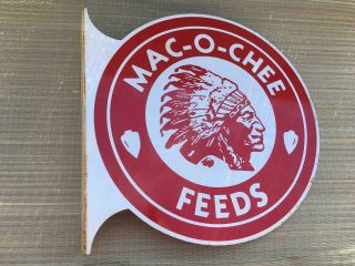 Old Mac - O - Chee Feeds Double Sided Painted Metal Advertising Sign Indian Logo