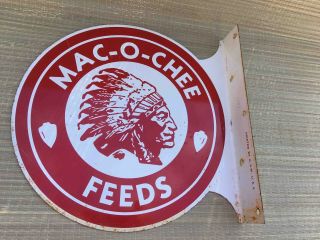 Old Mac - O - Chee Feeds Double Sided Painted Metal Advertising Sign Indian Logo 2