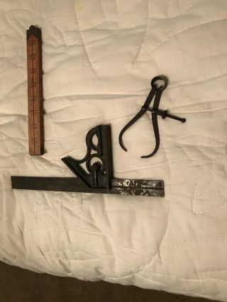 Vintage Antique Hand Tools - Calipers,  Folding 3’ Ruler,  And Union Tool Co.  T - Sq