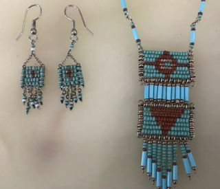 Vintage Native American Beaded Neckace With Matching Earrings