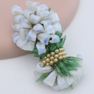 Vtg French Pate De Verre Opaline Art Glass Flower Pearl Bouquet Brooch Pin