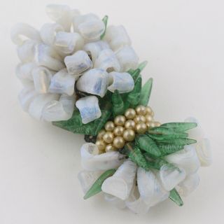 Vtg French Pate de Verre Opaline Art Glass Flower Pearl Bouquet Brooch Pin 3
