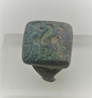 Ancient Byzantine Bronze Seal Ring With Horse And Rider Depiction