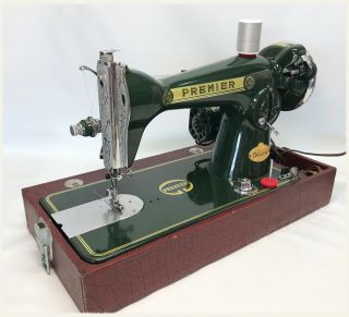 Vintage 1952 Premier Sewing Machine In Dark Green W/ Case - Cleaned & Serviced