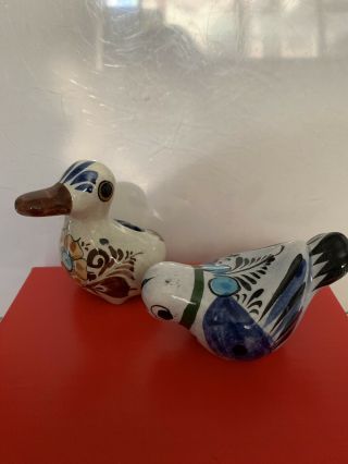 2 Signed Vintage Mexican Folk Art Tonala Pottery Bird And Duck Figurine,