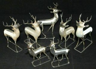Vintage Group Of 7 Blown Mercury Glass Silver Reindeer Germany,  4 " & 5 "