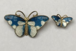 Vintage Sterling Silver & Enamel Butterfly Brooch And Earring Hroar Prydz Norway