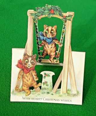 Victorian Xmas Card Louis Wain Tabby Cats Playing On Swing Shaped Mechanical